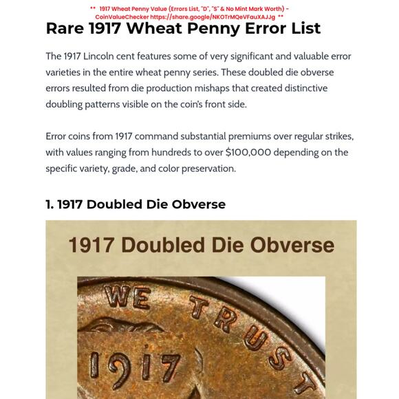 Antique 1917 No Mint Mark Doubled Die Obverse Lincoln Wheat Cent Penny READ - Picture 2 of 11